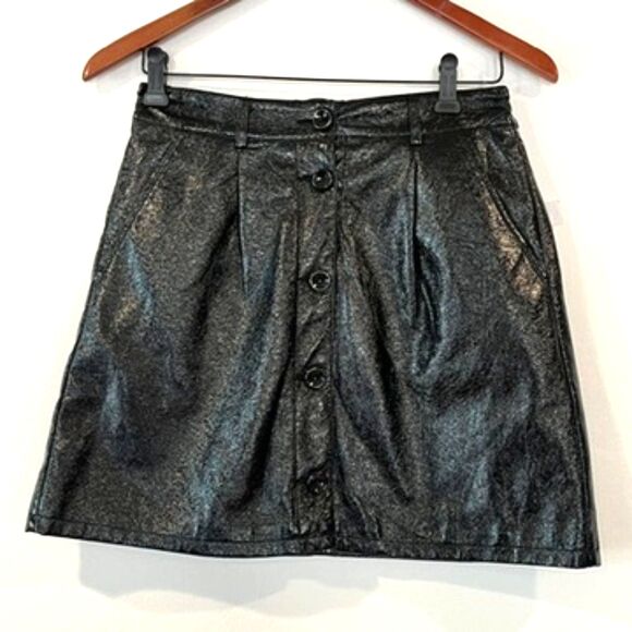 BP + Wildfang Black Mini Skirt Faux Patent Leather Small Button Front NEW NWT - Picture 2 of 9